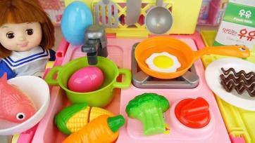 Doll’s Colorful Kitchen Cooking Playset - Toy Food Fun with Eggs, Fish and Veggies
